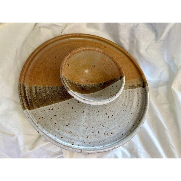 Vintage Glazed Stoneware Pottery Chip Veggie Dip tray dish bowl brown art craft - Picture 10 of 10